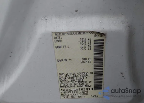 2016 Nissan Altima 2.5/2.5 S/2.5 Sl/2.5 Sr/2.5 Sv z USA, uszkodzony, nr VIN 1N4AL3AP1GN363810